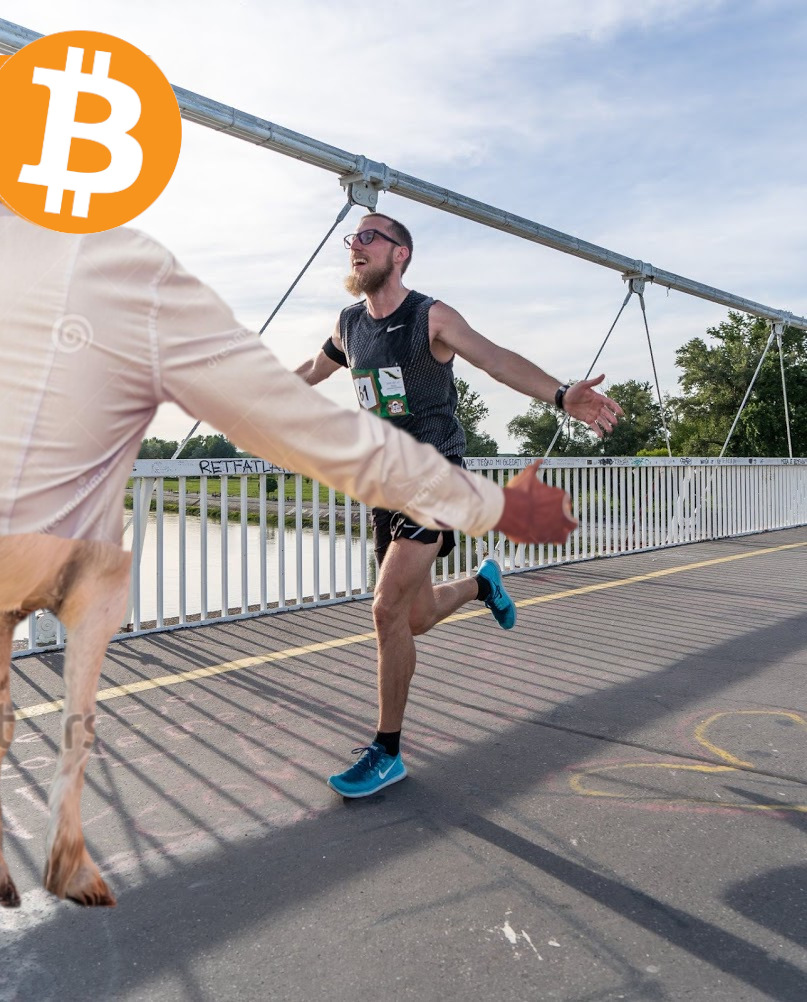 Marijan running on bridge with flying hands going torward bitcoin man-horse